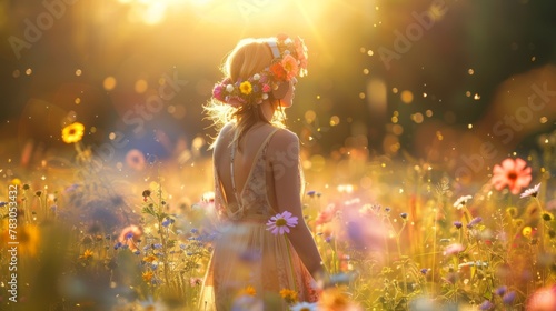 Woman in floral wreath amidst wildflowers, ideal for spring and nature themes.