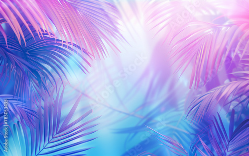 Bright Blue and Pastel Pink Tropical Palm Leaves with Sun Rays © Harry