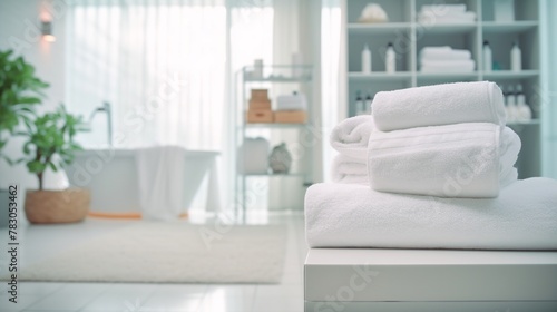 White towels on the bed in the hotel room, soft focus background