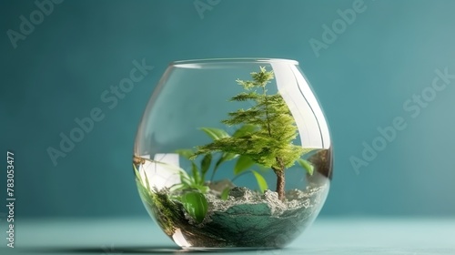 Small green plant in a round glass vase on a blue background
