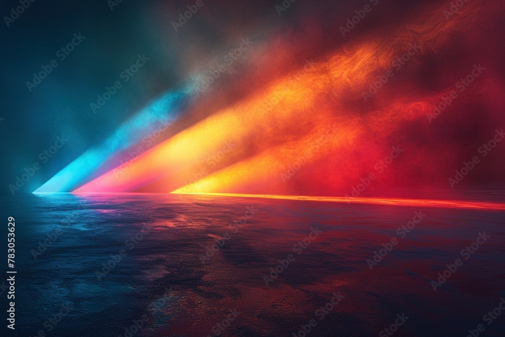 Vivid light interplay in a minimalist design. A blue-to-green gradient beam meets an orange-to-red one, creating a brilliant central point against a dark background Vivid light interplay in a minimalist design. A blue-to-green gradient beam meets an orange-to-red one, creating a brilliant central point against a dark background