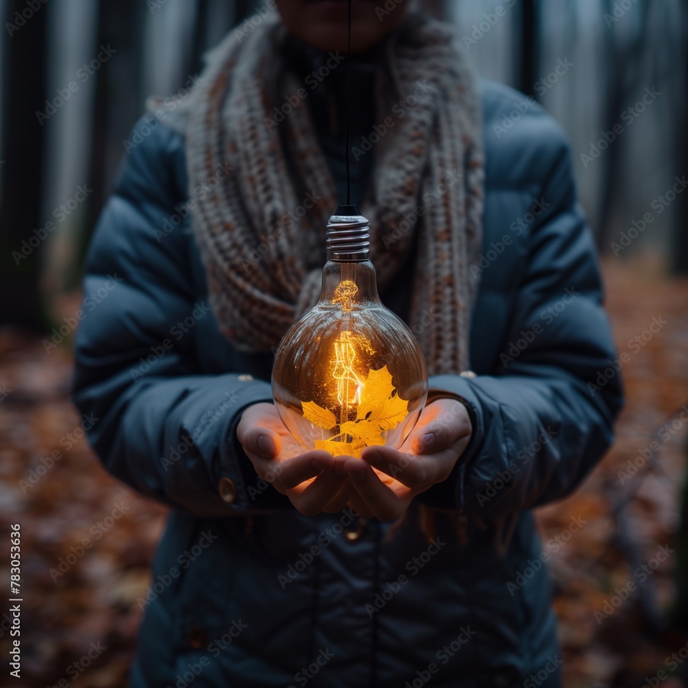 Hands Holding Lit Light Bulb with Autumn Leaves: Green Energy Concept Hands Holding Lit Light Bulb with Autumn Leaves: Green Energy Concept