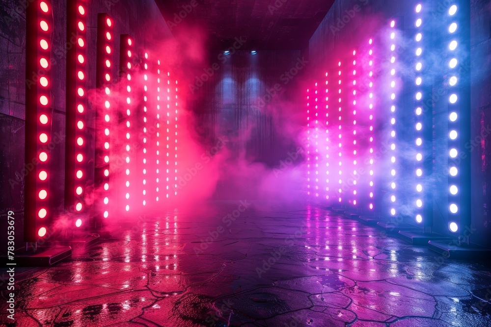 Vibrant pink and blue LED stage lights illuminate the scene with fog creating a mysterious atmosphere