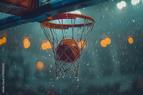 A detailed shot of a basketball in a net during rainfall with orange bokeh lights adding depth and ambiance photo