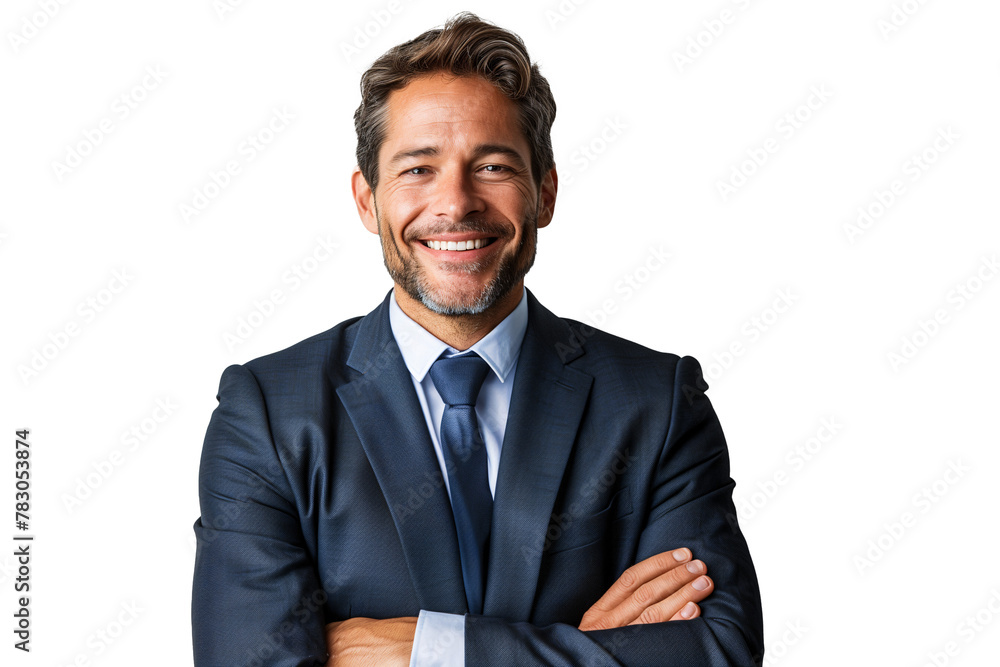Leadership and Charisma: Smiling executive in a classic navy suit radiating confidence