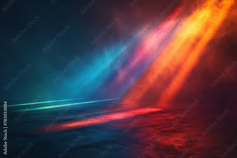 Vivid light interplay in a minimalist design. A blue-to-green gradient beam meets an orange-to-red one, creating a brilliant central point against a dark background