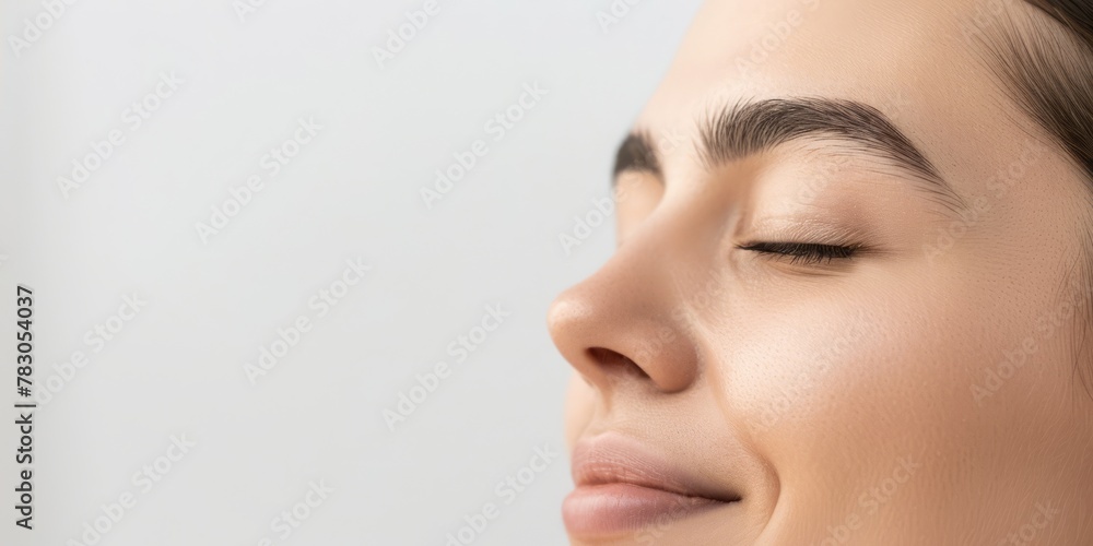 Close-up of a serene woman's face with closed eyes, suitable for beauty and wellness. Close-up of a serene woman's face with closed eyes, suitable for beauty and wellness.