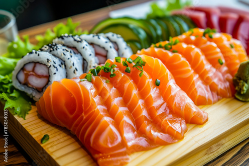 Elegance meets flavor as sushi varieties take their place on a clean white canvas, inviting connoisseurs to partake in a visual and gustatory feast. photo
