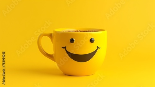Yellow cup with smiley face on yellow background