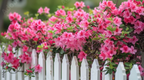 Vibrant pink azaleas bloom profusely along a white picket fence  their lush petals a herald of spring and natural beauty.