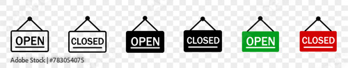 Open and close icon set. Open and close hanger icons on transparent background. Open close sign on the door. Open and close symbol hanging in shop, restaurant, vector illustration