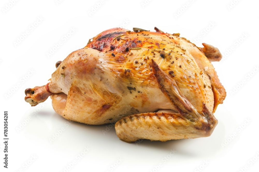 Juicy Whole Roasted Chicken Isolated on White Background. Delicious and Mouth-Watering Poultry Dish Perfect for Dinner and Special Occasions Juicy Whole Roasted Chicken Isolated on White Background. Delicious and Mouth-Watering Poultry Dish Perfect for Dinner and Special Occasions
