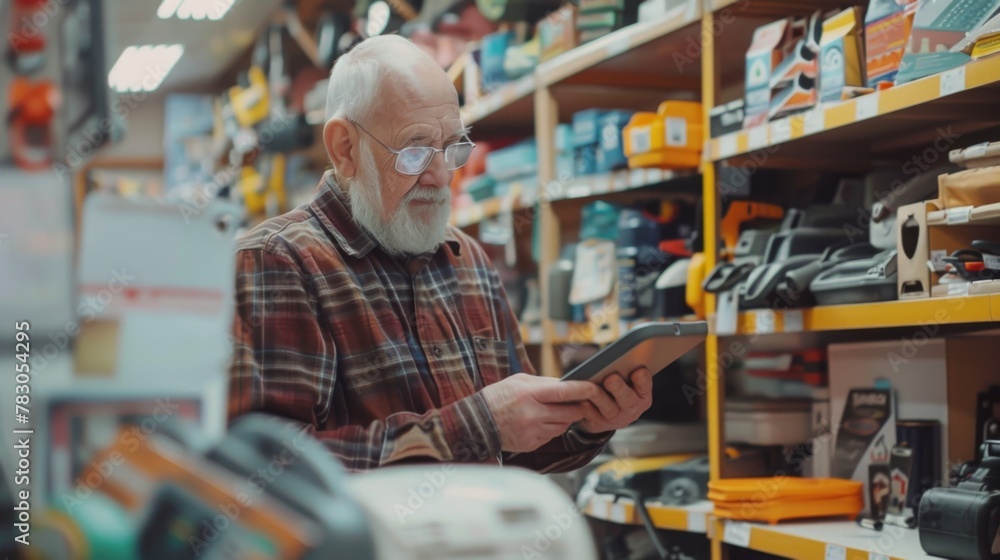 Elderly man working in a hardware store using digital tablet. Small business concept