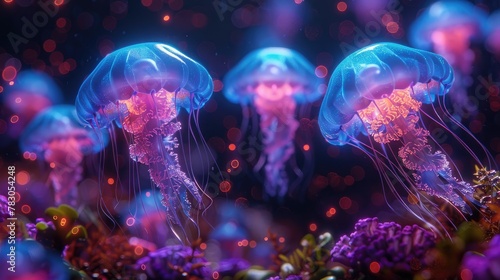 Translucent Radiance of Crystal Jellyfish Gleams Against the Dark Ocean. © pengedarseni