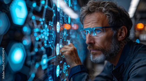 Focused mature man with glasses interacting with futuristic touchscreen interface. Concept of modern technology, innovation, and digital interaction in a corporate setting.