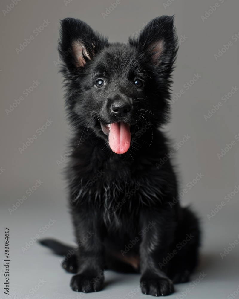 Portrait of Black German Shepherd Puppy Sitting in Studio - German Shepherd Dog with Black Fur and Tongue Portrait of Black German Shepherd Puppy Sitting in Studio - German Shepherd Dog with Black Fur and Tongue
