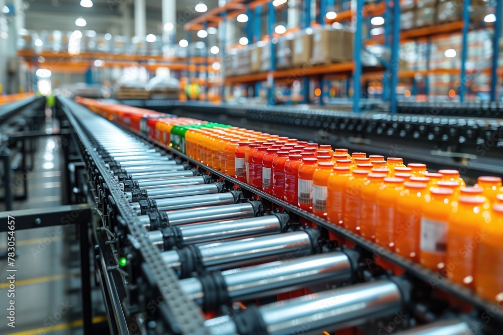 Goods move along a conveyor belt system, transporting them efficiently from one area of the warehouse to another, illustrating the seamless flow of inventory management