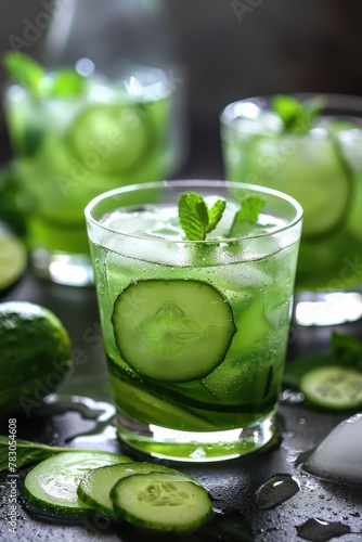 Refreshing Cucumber Cocktail with Mint and Lime in Glasses on Ice. Perfect Summer Mojito Drink with a Green Twist