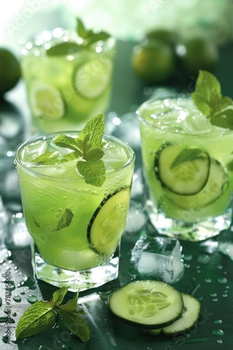 Refreshing Green Cucumber Cocktail with Mint and Lime. Mojito Drink Served Cold in Glasses with Ice and Alcohol