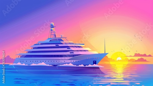 Travel illustration of a dream tropic cruise. Blue ocean is surrounded by a white ship sailing on the waves. There is a rising sun above the horizon of the sea. © Mark