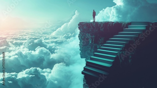 surreal concept of a man rising stairs to try to reach AI generated