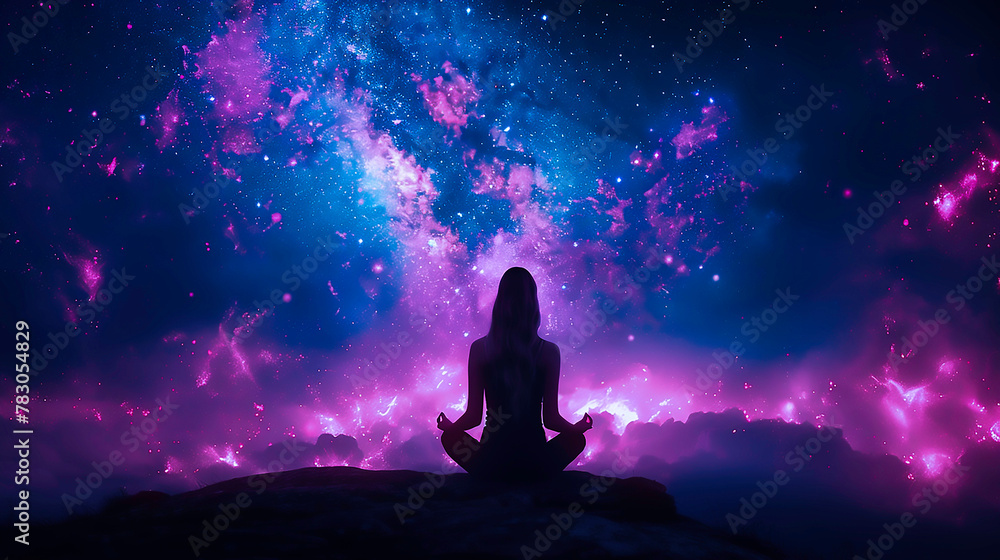 Silhouette of rear view of woman sitting on meditation on the top of a mountains in style of vibrant blue and pink stars in the sky.