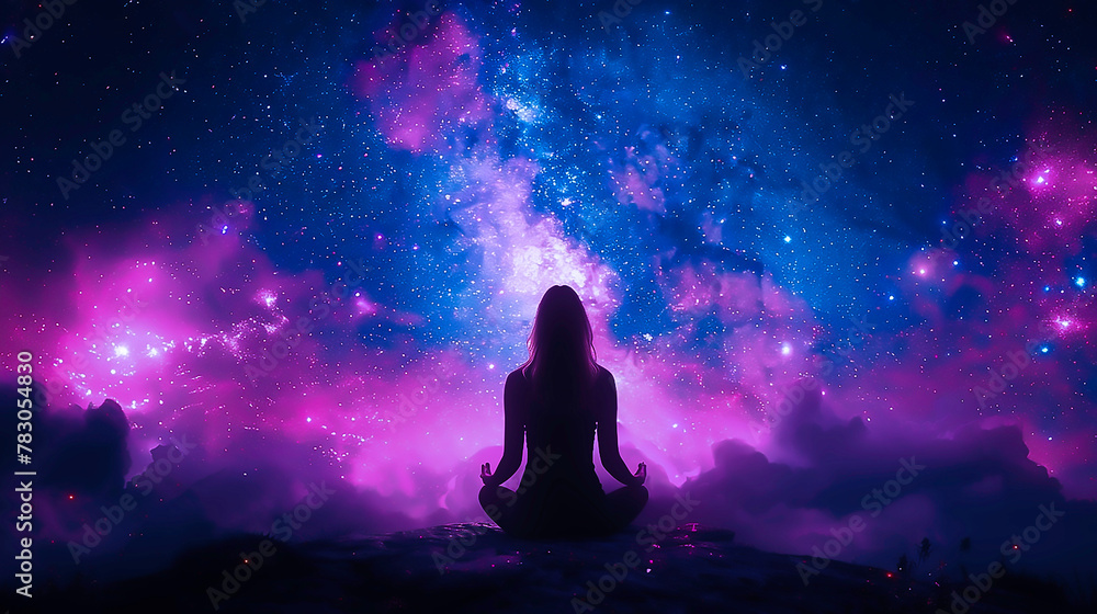 Silhouette of rear view of woman sitting on meditation on the top of a mountains in style of vibrant blue and pink stars in the sky
