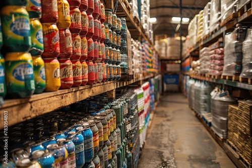 The warehouse is filled with neatly stacked pallets of various goods, stretching from floor to ceiling, showcasing the abundance and variety of products stored within