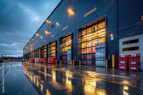 Trucks are parked at the warehouse loading dock, while workers unload crates and pallets of goods, highlighting the logistical hub where products are received and dispatched for distribution
