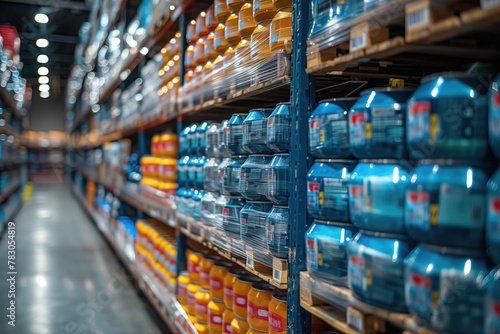 The warehouse is filled with neatly stacked pallets of various goods  stretching from floor to ceiling  showcasing the abundance and variety of products stored within