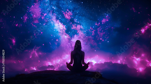 Silhouette of rear view of woman sitting on meditation on the top of a mountains in style of vibrant blue and pink stars in the sky.