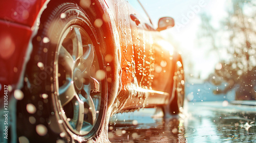 Car wash on blurred background in a sunny day. Close-up. photo