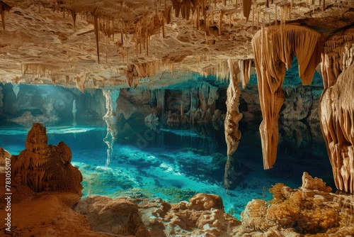 Underwater Cave Stalactites Landscape. Speleology and Divind View of an Exotic Tunnel in Cenote for Vacation and Extreme Snorkeling