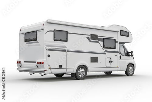 White Motorhome Back View with Vinyl Decal. Mockup for Sticker Design, Logo Presentation, Camping or Travel Trailer Concept