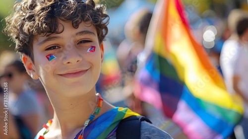 Fiesta pride portrait of a boy with lgbt flag at homosexual rights demonstration