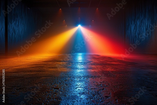 Contrasting light beams, one displaying a cool blue to green gradient, the other showcasing a warm orange to red transition, collide in a point of intense white