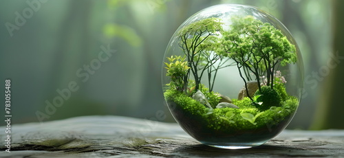 World Earth Day Concept. Arbor Day. Glass ball forest ecosystem. Environmental problems and protection. Caring nature
