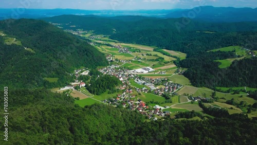 Small Village view from the top of Mount Polhov Gradec aka Mount Saint Lawrence. photo