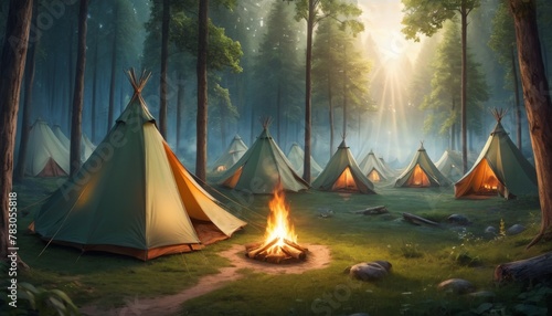 A tranquil scene of tents pitched in a forest clearing with a campfire burning as the morning sun rays pierce through the trees.. AI Generation