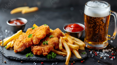 Product photo Wiener schnitzel with French fries and mug of cold beer, on slate plate, isolated on dark background. Traditional Austrian meal.