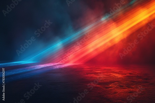 Vivid light beams, one displaying a blue to green gradient, the other showcasing an orange to red transition, intersect in a dazzling white core, creating a minimalist composition on deep black