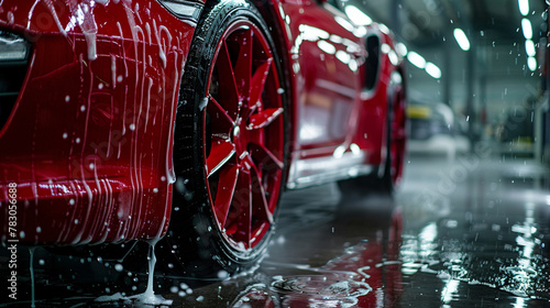 High-pressure washing of red car wheel. Self-service car washing. photo