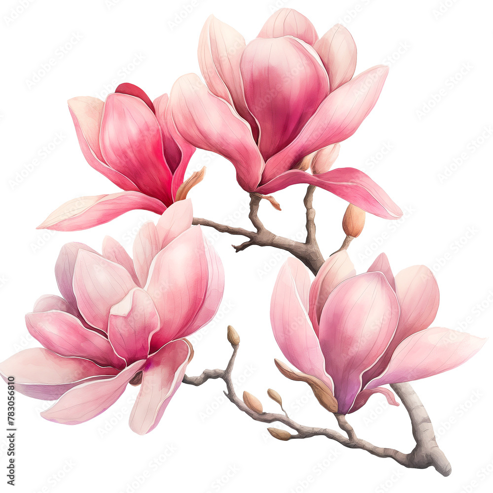 Fototapeta premium Magnolia flowers branch in watercolor style isolated on transparent background