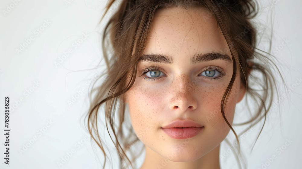 Close-up portrait of a young woman with freckles, blue eyes, and tousled hair, exuding natural beauty and simplicity on a bright, neutral background. Close-up portrait of a young woman with freckles, blue eyes, and tousled hair, exuding natural beauty and simplicity on a bright, neutral background.