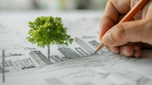 Urban planner designing sustainable city with eco friendly architecture and green spaces on paper