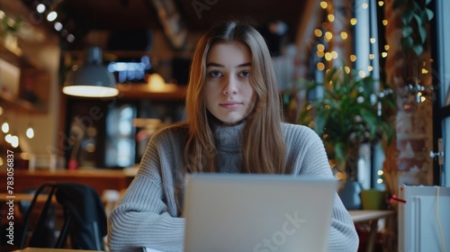 Cinematic shot of a beautiful young woman with long straight brown hair and wearing a gray sweater, sitting at a table and working on a laptop inside a modern cafe