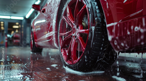 High-pressure washing of red car wheel. Self-service car washing.