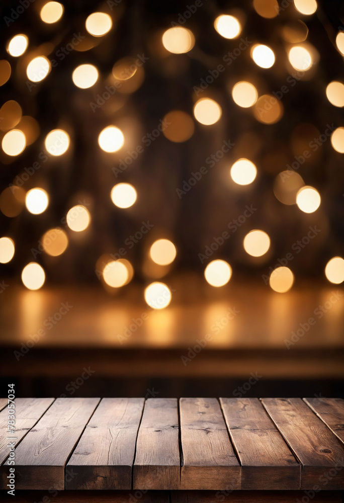 Empty wood table with blurred Christmas lights set behind the table Empty wood table with blurred Christmas lights set behind the table