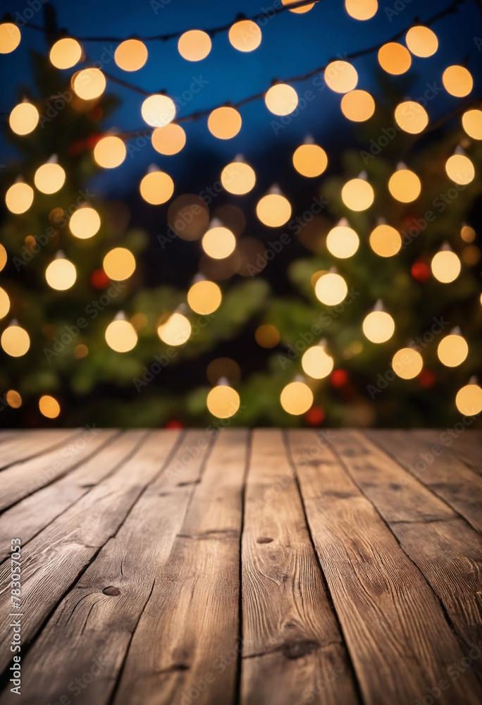Empty wood table with blurred Christmas lights set behind the table Empty wood table with blurred Christmas lights set behind the table