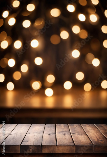 Empty wood table with blurred Christmas lights set behind the table